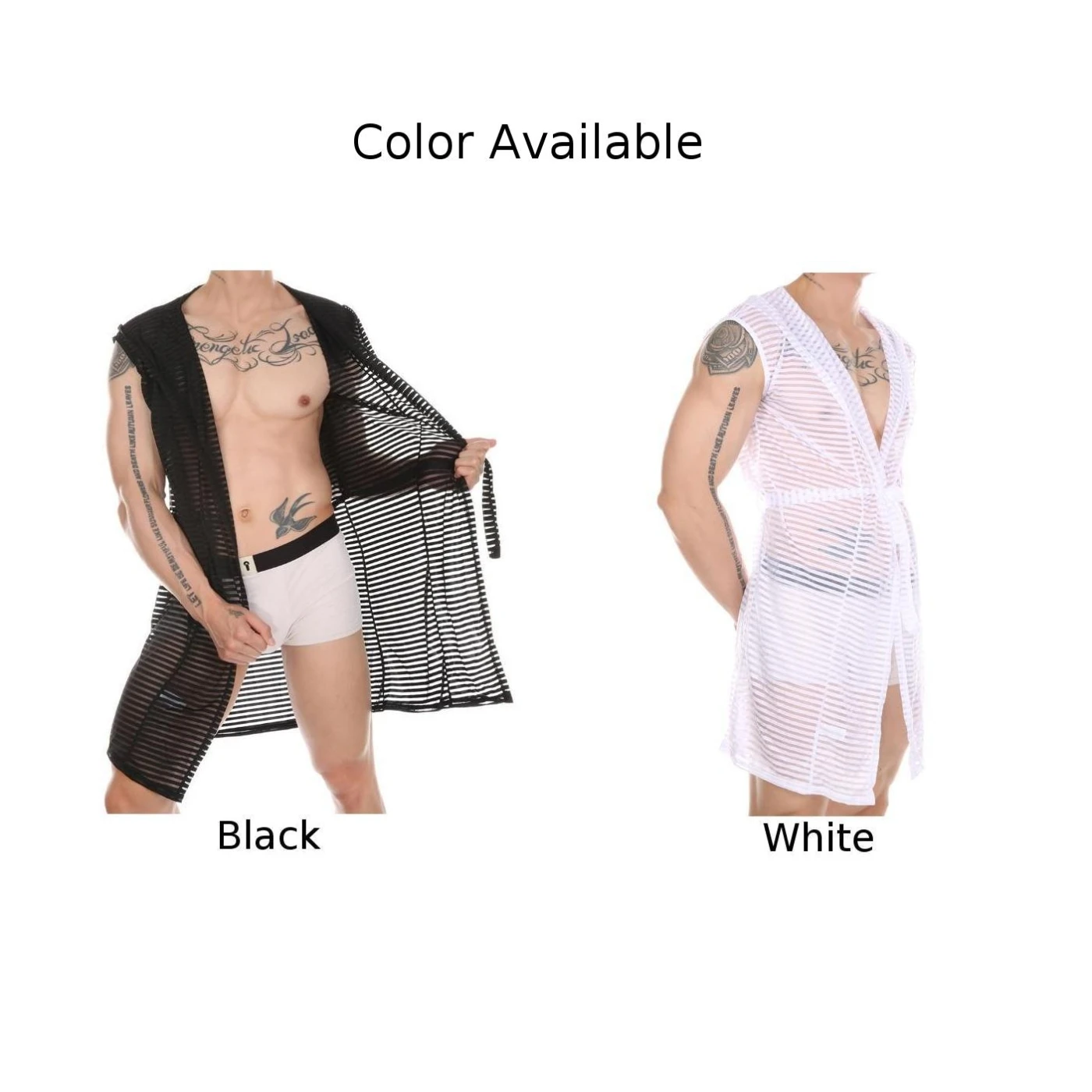 Black and White Striped Hooded Sheer Robe Dressing Gown Pajamas Loungewear Nightwear for Men Fashionable Style