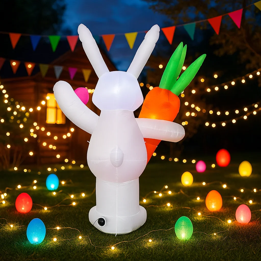6FT Happy Easter Luchtgeblazen Opblaasbaar Konijn Wortel Decor Ingebouwde LED-verlichting Feestelijke Tuin Paasvakantie Decoraties Ornament