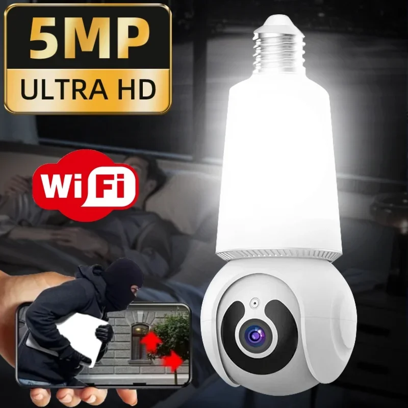 

5MP PTZ Smart Wireless Cam E27 2in1 Wifi Surveillance Camera HD Color Night Vision Human Detect CCTV Security Protection Monitor