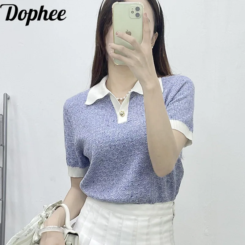 

Dophee 2024 New Summer Women Short Sleeve Knitted T-shirt All-match Elegant Colorblock Polo Shirts Lady Pullovers Sweater Top