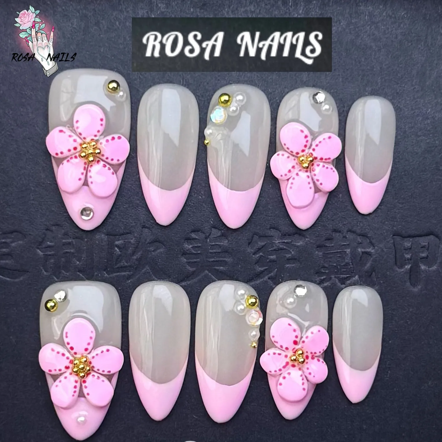 

Pink 3D Flower Handmade Press On Nails Medium Almond Shape High Quality Acrylic Nails Spring Summer Cute Design French Tips Nail