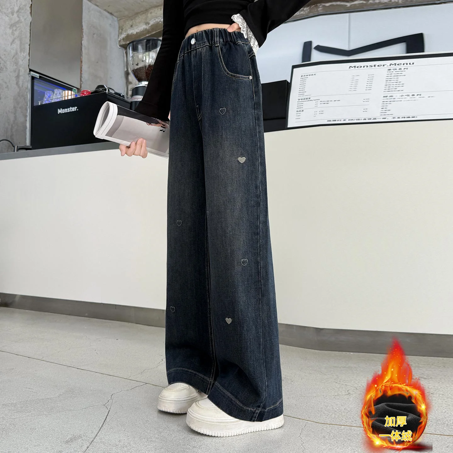 

Girls Autumn Winter Thickened Quality Embroidered Love Heart Denim Jeans.4-15years