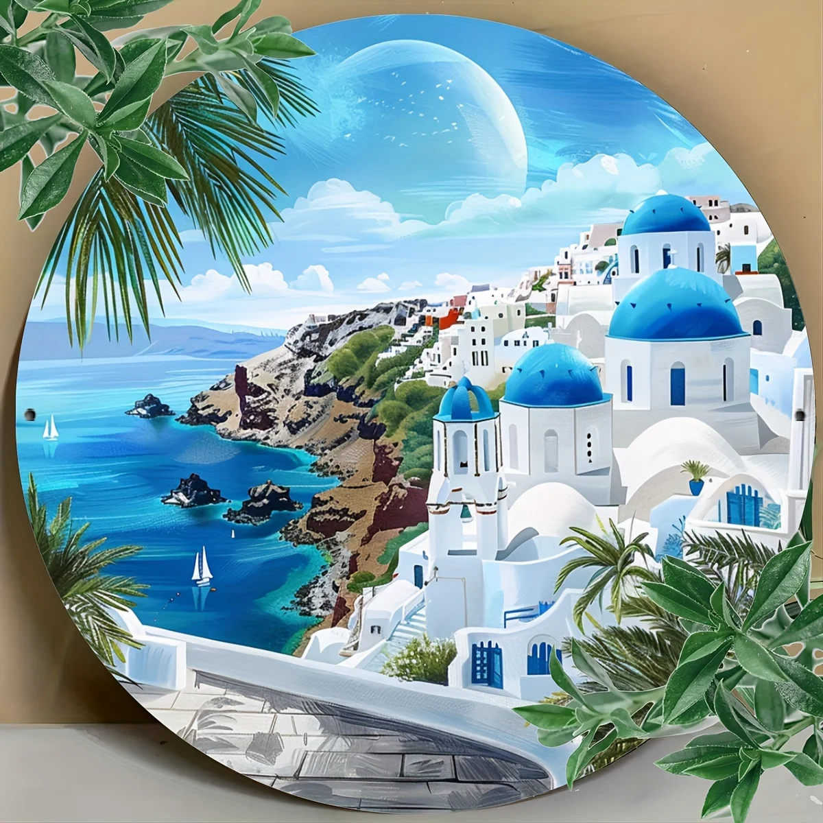 2D Flat - A Flat Aluminum Foil Art Plate, Measuring 20.32 by 20.32 Cm, Features a Two-Dimensional Depiction of The Santorini Lan