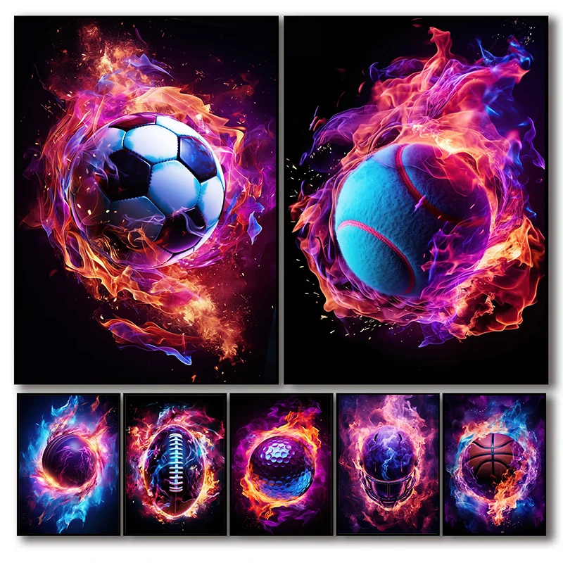 (1PC Unframe)Sports Legends Flame Engulfed Tennis Ball Posters Helmet's Gleam Football Prints Canvas Painting Wall Pictures Home