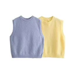 HH Women Elegant Solid Sweater Vest Top Back Lace Up O Neck Sleeveless Backless Yellow Knit Pullover Sweaters Streetwear