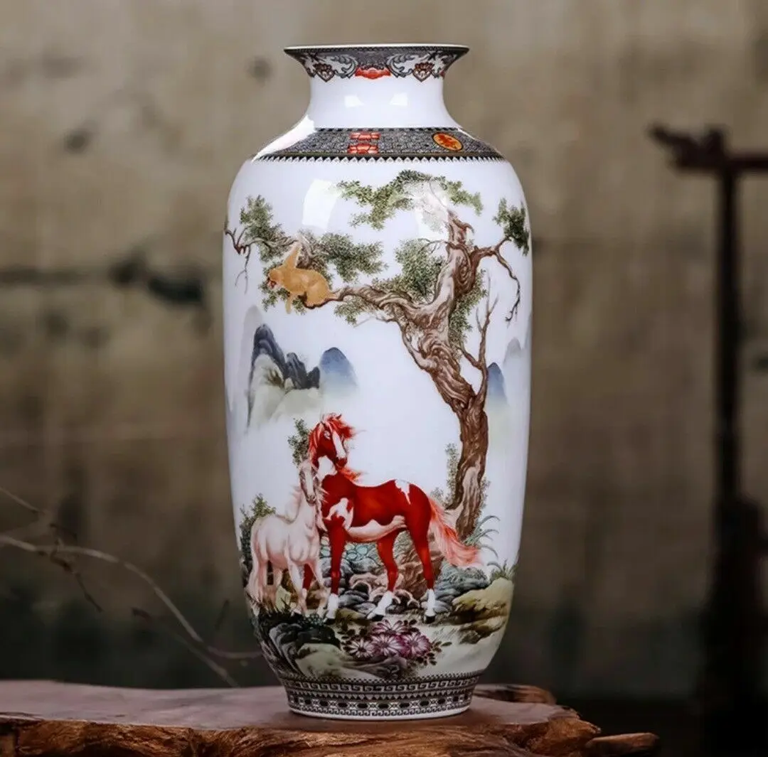 25cm Chinese Jingdezhen Antique Ceramic Horses Pattern Vase Home Decor Crafts