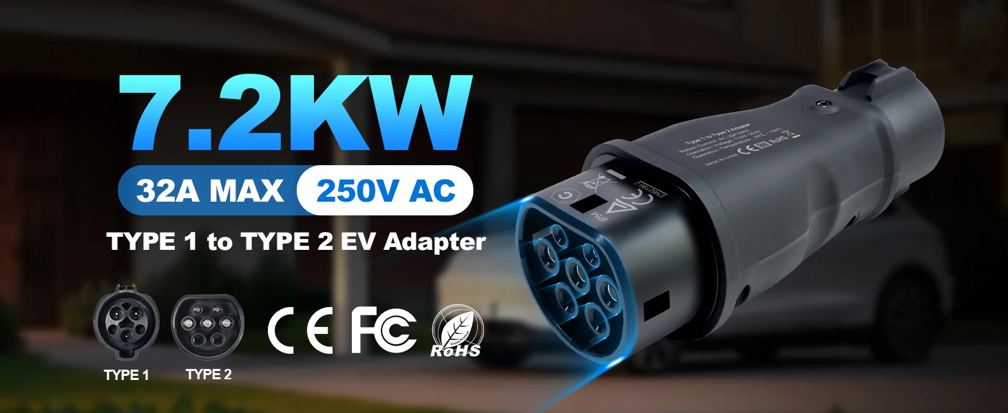 Kolanky EV-Ladegerät-Adapter, 32 A, 7,2 kW, SAE, J1772-Stecker, Typ 1, auf Typ 2, Steckdosenkonverter für Elektrofahrzeuge, Ladeautos – Detail 1
