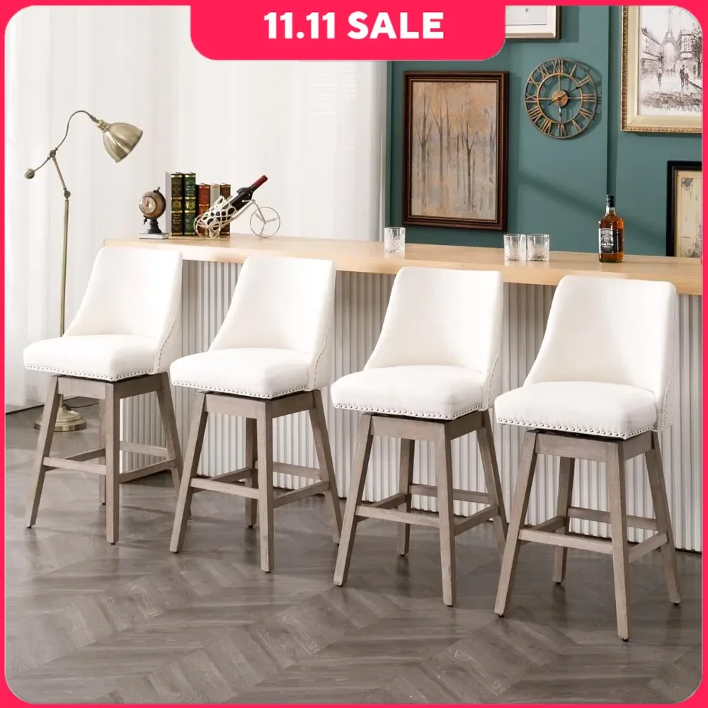 

27.5 Inch Bar Stools Set of 4, Counter Height, Fabric 360°Swivel Barstools with Back and Wood Legs, Upholstered Stool Chairs