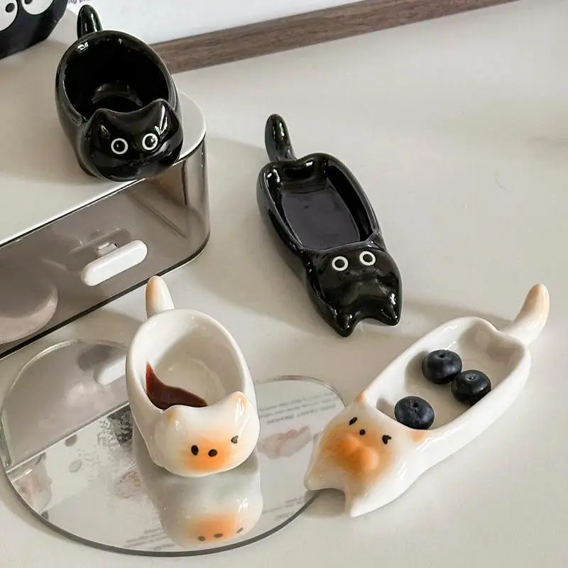 Ceramic Cat-Shaped Mini Dipping Plate Side Dish Small Bowl Home Diningware Kitchen Table Decorative Cat Bowl