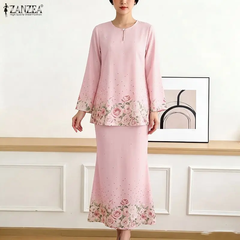 ZANZEA Women Muslim Sets Elegant Floral Print Matching Sets 3/4 Sleeve Round Neck Tops Long Skirt Suits Two-piece Outfits Thin