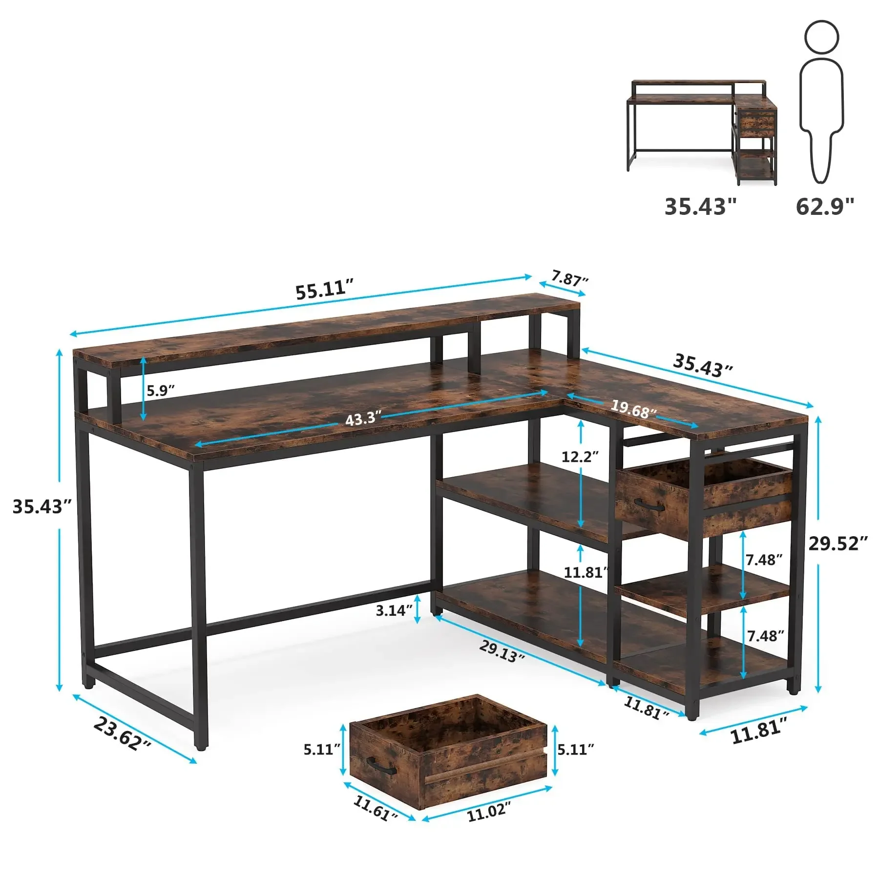 Tribesult-Mesa Reversível em Forma de L com Gaveta, Secretária Canto Industrial, Mesa Home Office com Prateleiras e Suporte Monitor