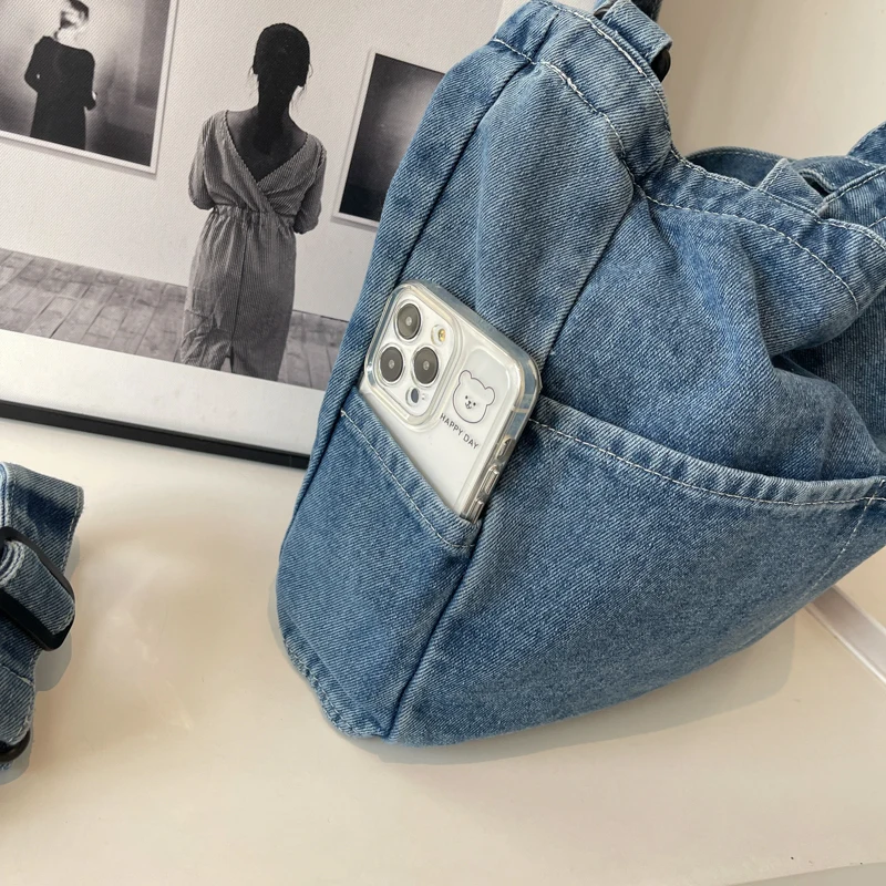 Borse di tela da uomo e da donna multi tasca di grande capacità in denim tinta unita, borsa a tracolla a spalla singola per pendolarismo, college st