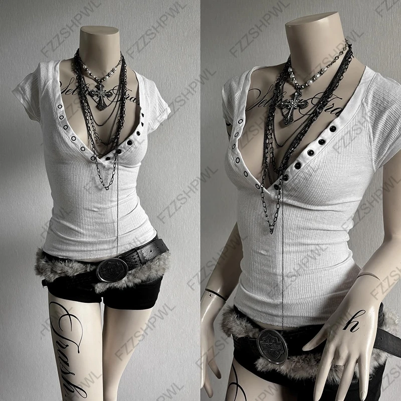 حار بنات Y2k المحاصيل الأعلى زر Harajuku بلون سليم الشارع الشهير روك القوطي تي شيرتات قصيرة الاكمام فاسق فريد الهيب هوب الطفل المحملة #1