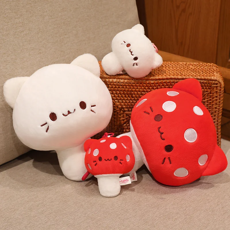 Stuffed Doll Cat Mushroom Plush In Multiple Sizes With Closed Eyes Blush Cheeks And Rounded Form For Bedside Shelf Decor