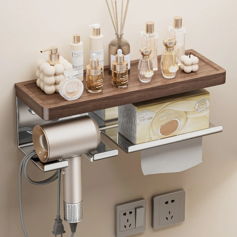 

304 stainless steel walnut hair dryer rack non-punching hair dryer bracket bathroom toilet storage hanger