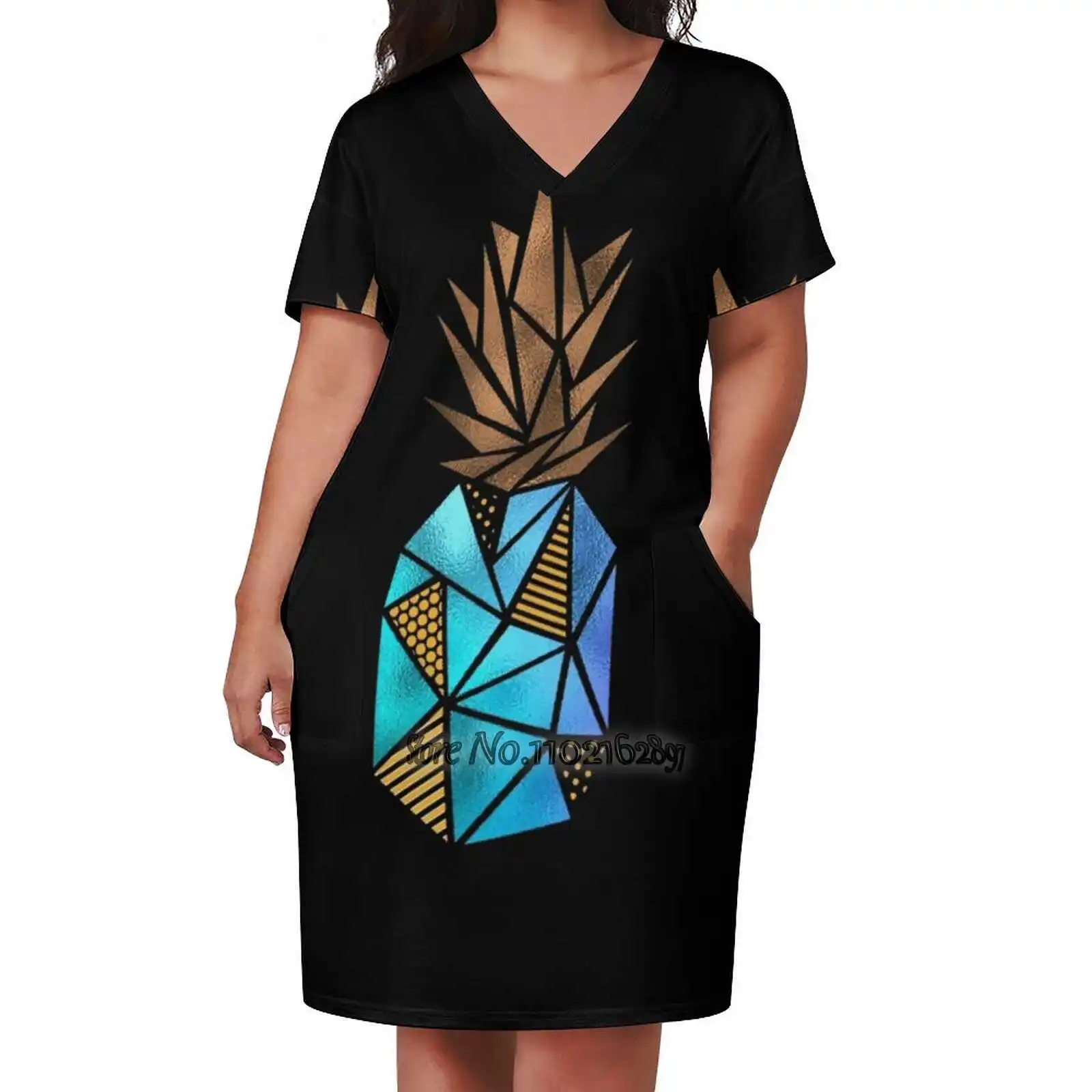 Elegant Fashion V-Neck A-Line Skirt Comfortable High Quality Women Clothing Dress Foil Holographic Colours Geometric Abstract