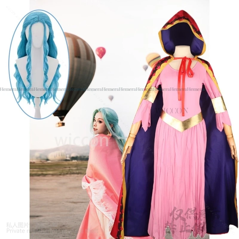 Anime nefertari d. Vivi Miss Cosplay Peruca de Traje para Mulheres, Vestido Rosa, Capa, Uniforme, Lolita, Sexy, Halloween, Conjunto Completo