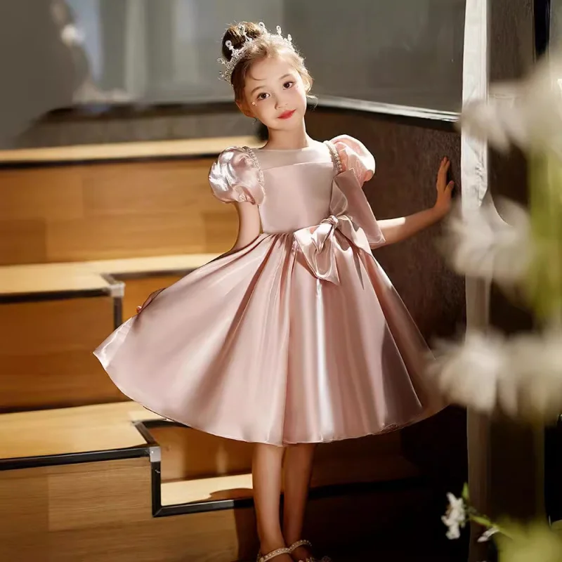 Pink Satin Princess Dress with Bow for Girls, Spring Children's Piano Performance Host Dress, Flower Girl Dress