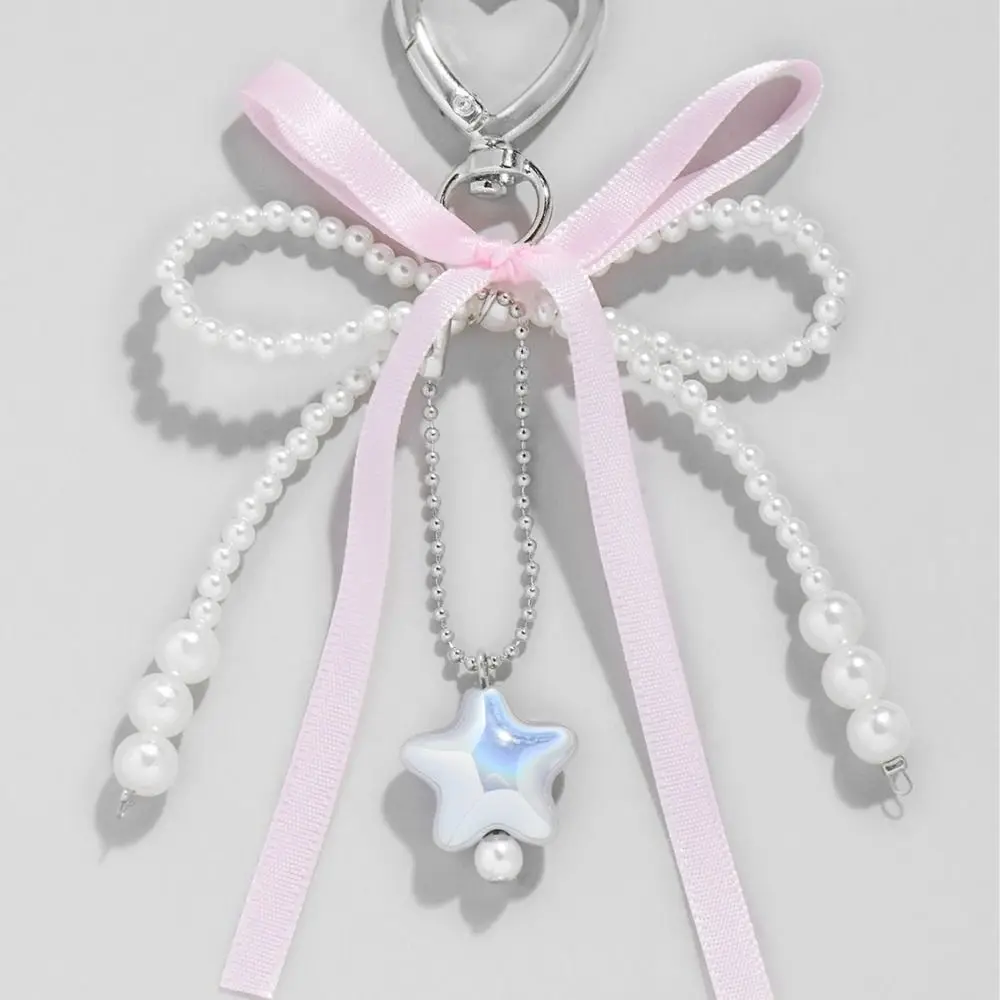 Acrylic Mobile Phone Pendant Chain Heart Shaped Cute Bow Pearl Keychain Mobile Phone Accessories Portable Bag Pendant