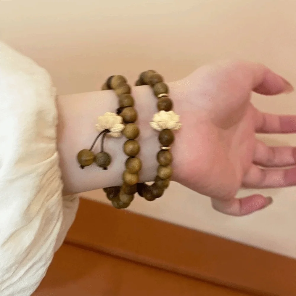 Brazalete elástico de sándalo de loto a la moda, pulseras de hilo con cuentas de madera hechas a mano en forma de flor, pulseras de Rosario tejidas
