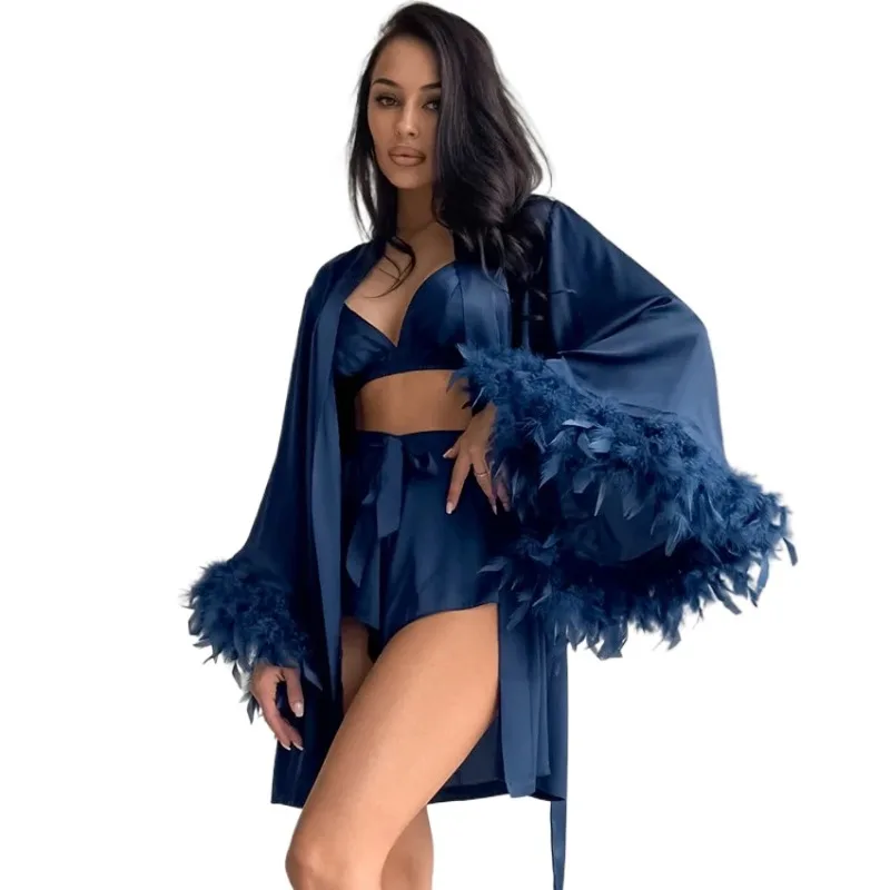 Shorts Nightgown Three-piece Set, Imitation Silk, Loungewear, Feather Pajamas