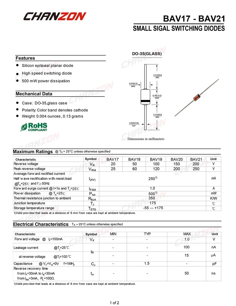 100 pezzi BAV21 Diodi a commutazione rapida a segnale piccolo assiale 250 mA 200 V DO-35 DO-204AH 250 mA 200 Volt