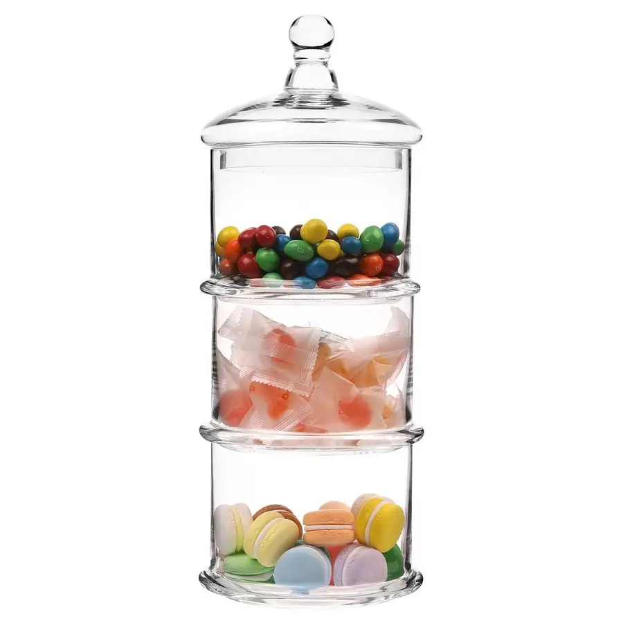 

16 Inch Modern 3 Tier Clear Glass Stacking Apothecary Jars with Lid, Round Glass Display Candy and Cookie Containers, 16 inch Ta