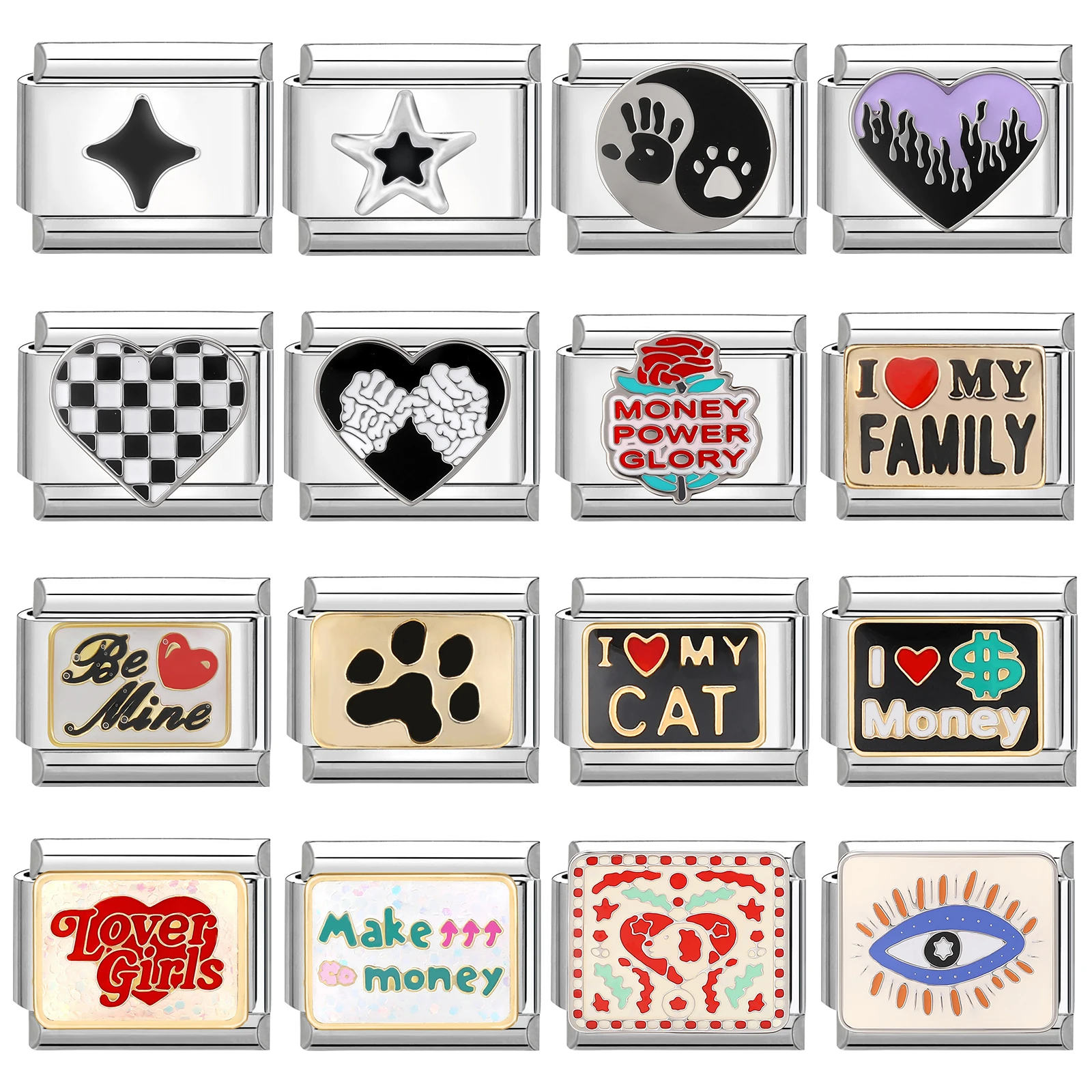 Creative Design I Love Cat Family Be Mine Checkered Heart Star Italian Charm Fit 9MM Stainless Steel Bracelet DIY Making Jewelry