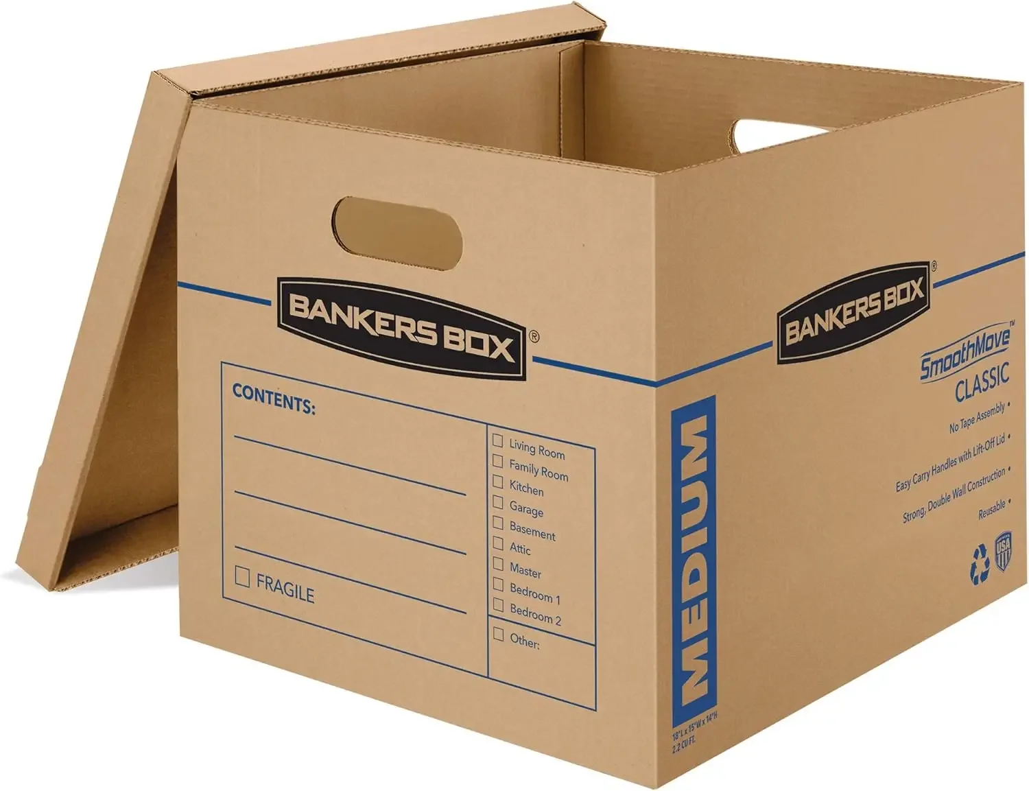 Medium Classic Moving Box 20 Pack, Reinforced Handles, Tape-Free Assembly, Box with Lid, 19-in x 14.5-in x 15.5-in (