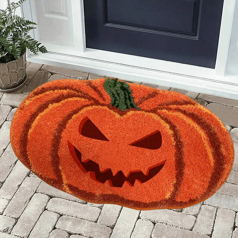 VIKAMA Halloween Spooky Smile Pumpkin Face Doormat Non Slip Washable Irregular Floor Mat Patio Porch Entrance Area Rug Home Deco