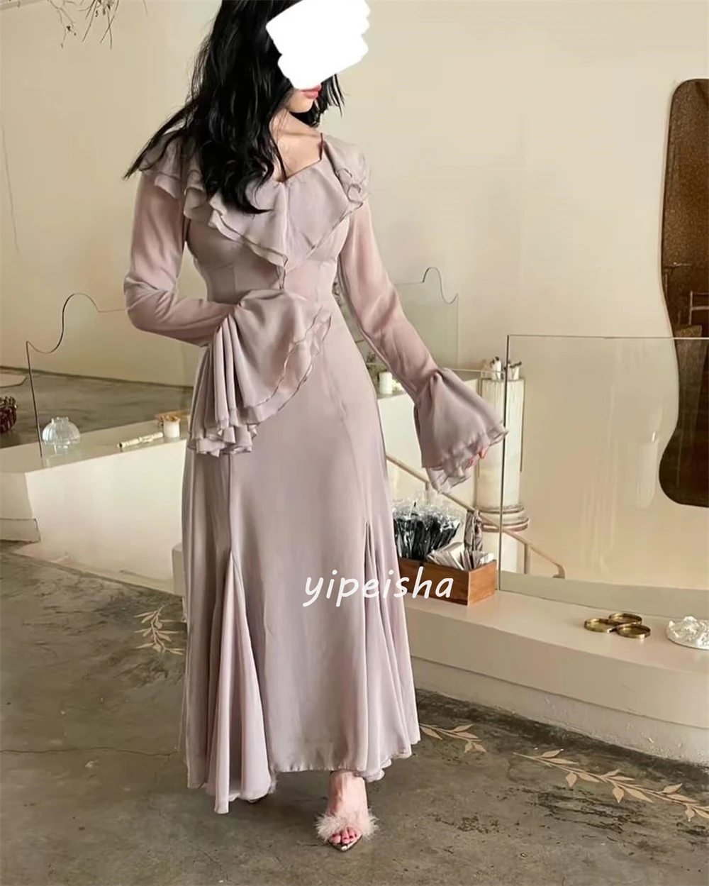 Customized Matching Chiffon Pleat Ruched A-line V-neck Midi Dresses Celebrity Dresses Exquisite Chinese Style Fashion Retro Clas