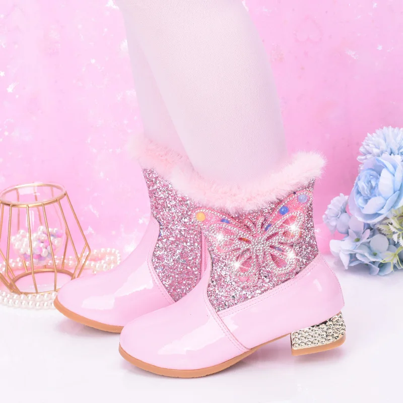 Pink Blue Girls Ankle Boots Rhinestone Bow Children's High Heels 2025 Winter New Warm Kids Cotton Shoes Fashion Princess Botas