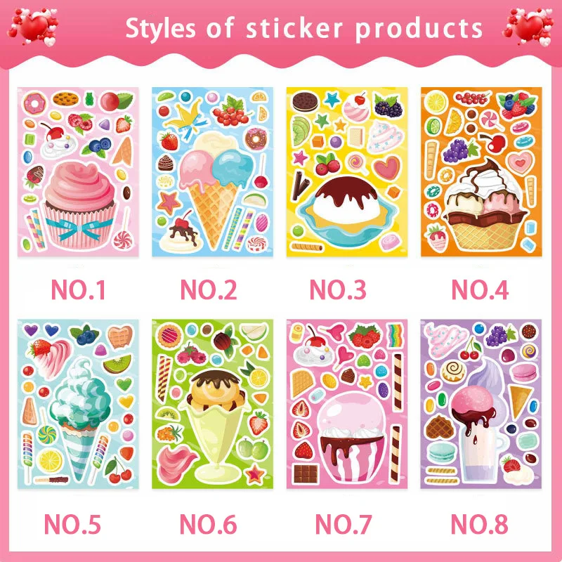 Make Ice Cream Stickers For Kids Toddlers Party Favor DIY Decoration Your Own Cup Cake Dessert Puzzle Games Assembly Stickers
