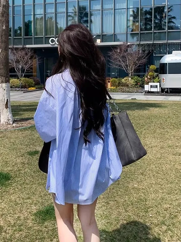 Blue Striped Women's Long Sleeve Shirt Loose Fit Sun Protection Spring Summer Design Casual Outerwear Korean Style Commute