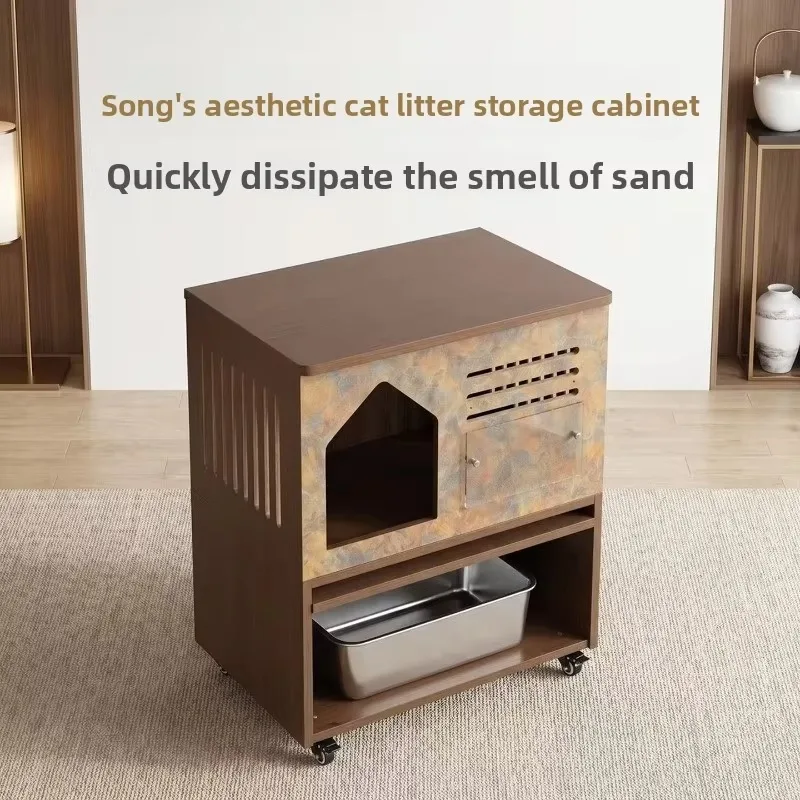 Leak-proof cat litter cabinet, high-value household living room wooden three-layer cat litter cabinet