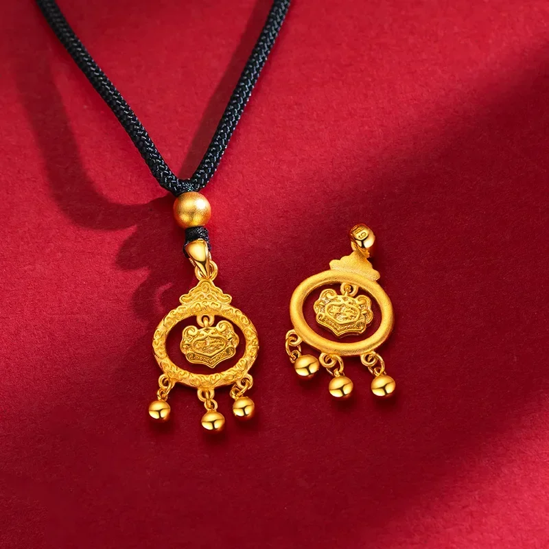 9999 Real Gold 24K Children's Baby Safety Lock Pendant Ancient Long Life Bell Lock Pendant Gold