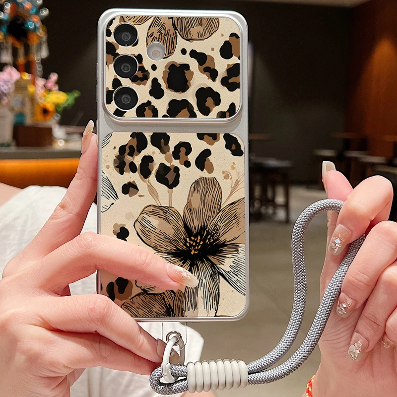Lanyard Phone Case For Samsung S26 S25 Ultra S24 S23 FE A57 A17 A16 A26 A36 A37 A56 5G Leopard Floral Pattern Leather TPU Cover