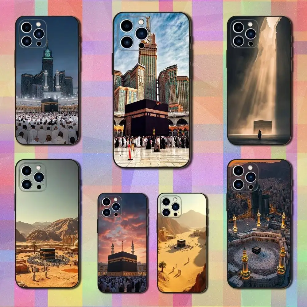 حافظة هاتف Pilgrims IN Mecca لهاتف iPhone 16,15,14,13,12,11 Plus,Pro Max,XS,X,XR,SE,Mini,8,7,غطاء أسود من السيليكون الناعم