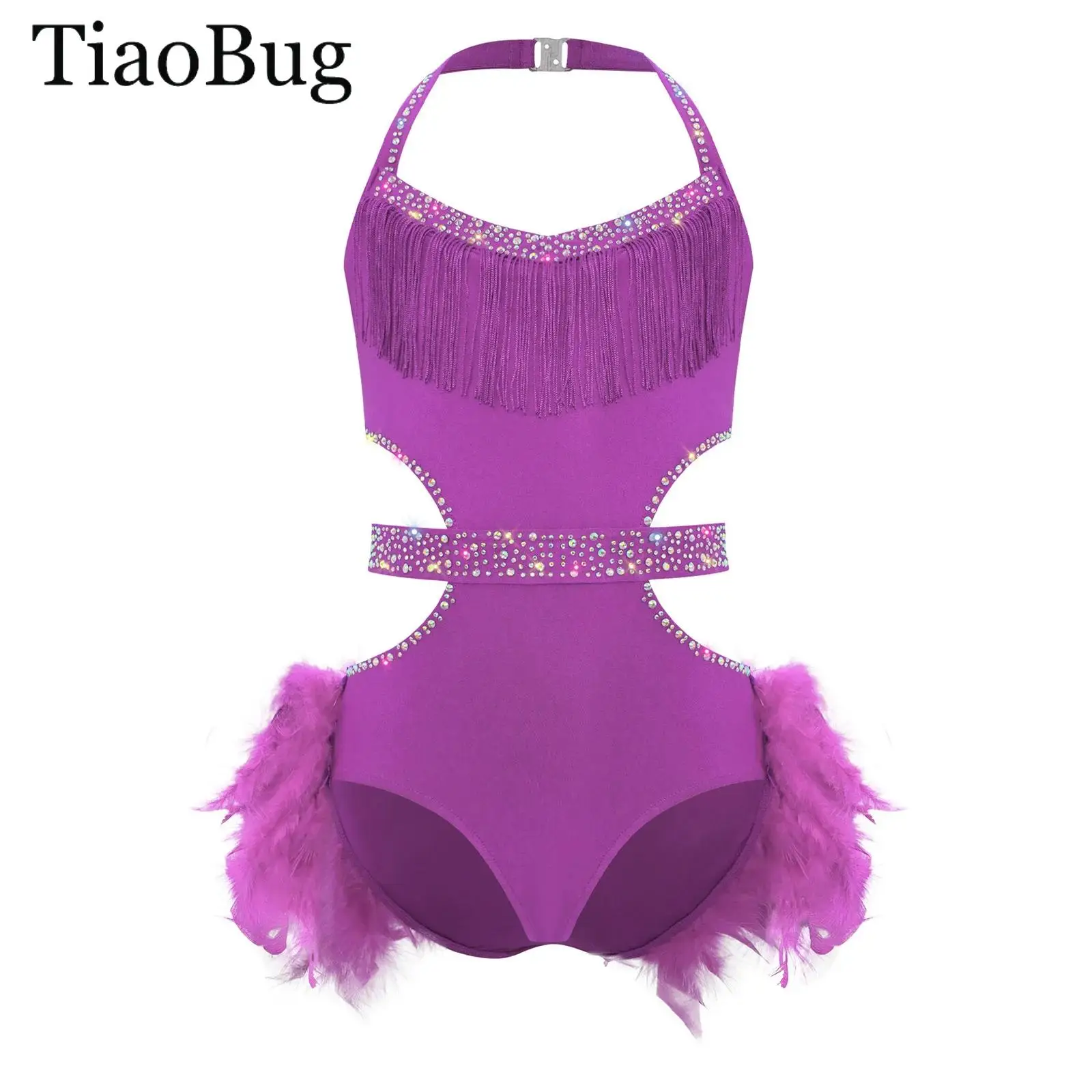 

Kids Girls Rhinestones Ballet Leotard Halter Sleeveless Cutout Back Feather Skirted Bodysuit Unitard Latin Jazz Dance Costumes