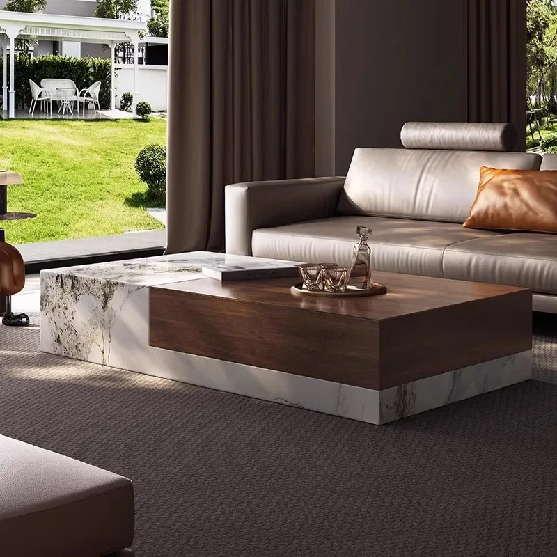 Italian Wood & Quartz Square Coffee Table, Luxury Compact Design for Small Space, Heat & Scratch Resistant, Customizable