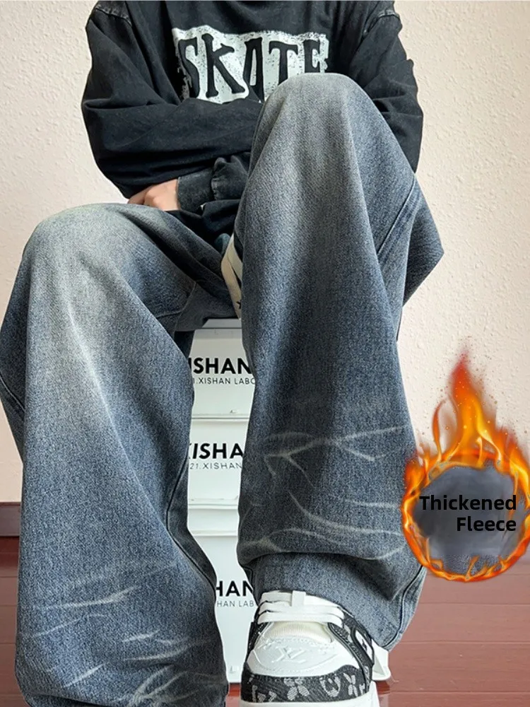 

Мужские джинсы на флисовой подкладке, зимние, прямого кроя, свободные, широкие брюки в американском уличном стиле, брюки в пол