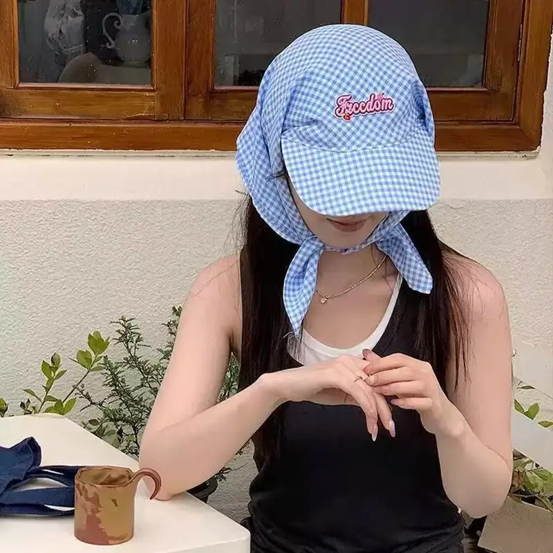 Damen-Sonnenhüte, modisch, trendig, koreanischer Stil, für den Außenbereich, Strand, Kopftücher, kariert, schlicht, süß, Persönlichkeitsstil, vielseitige Kopfbedeckungen
