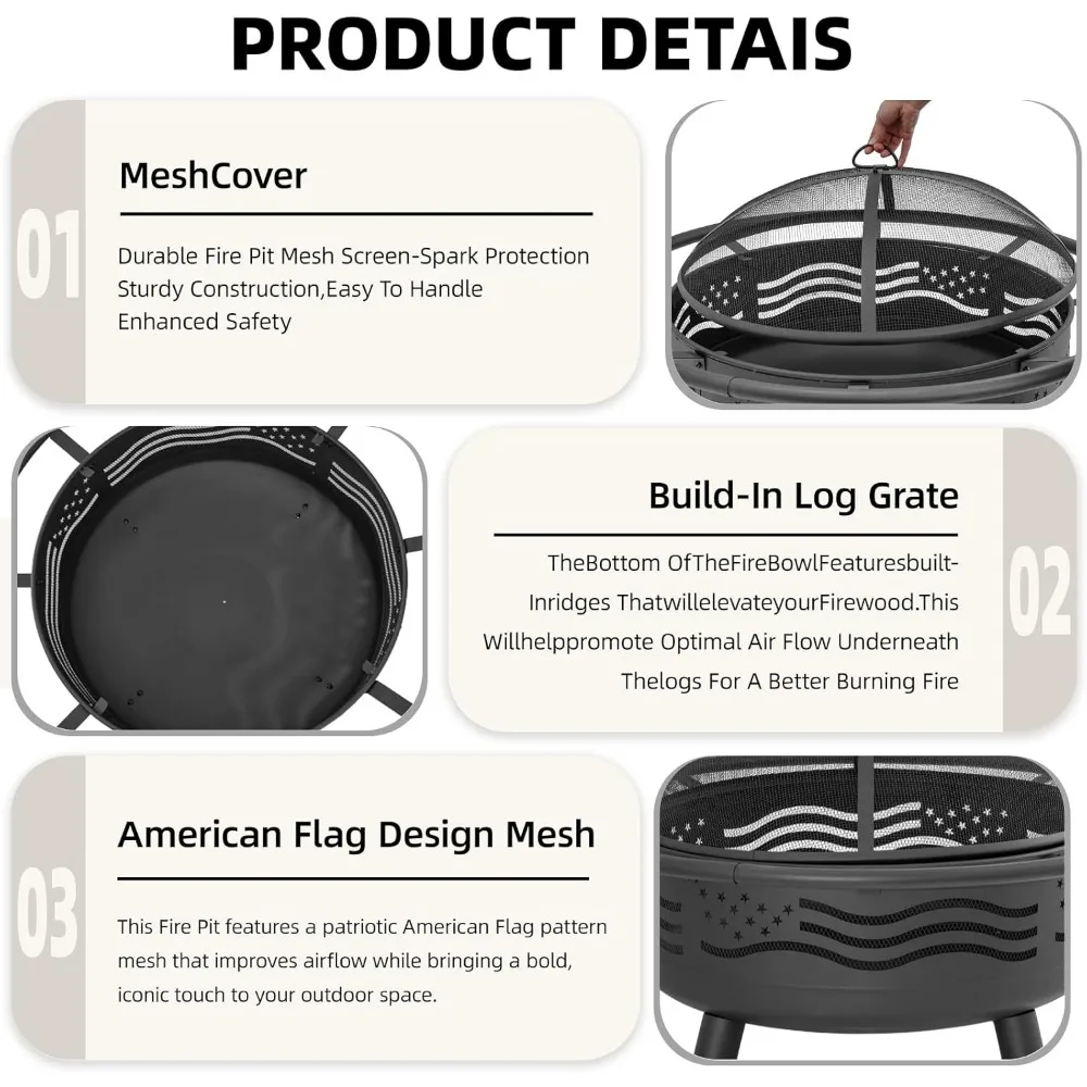 حفرة نار دائرية بعلم أمريكي مقاس 38 بوصة مع غطاء شبكي وبوكر، حفرة نار لحرق الخشب في الهواء الطلق والحديقة في الفناء الخلفي #3