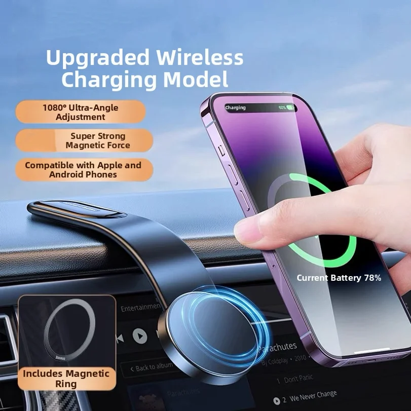 

Car Phone Holder With Wireless Charging 15w, Foldable Magnetic Navigation Mount For Car Dashboard