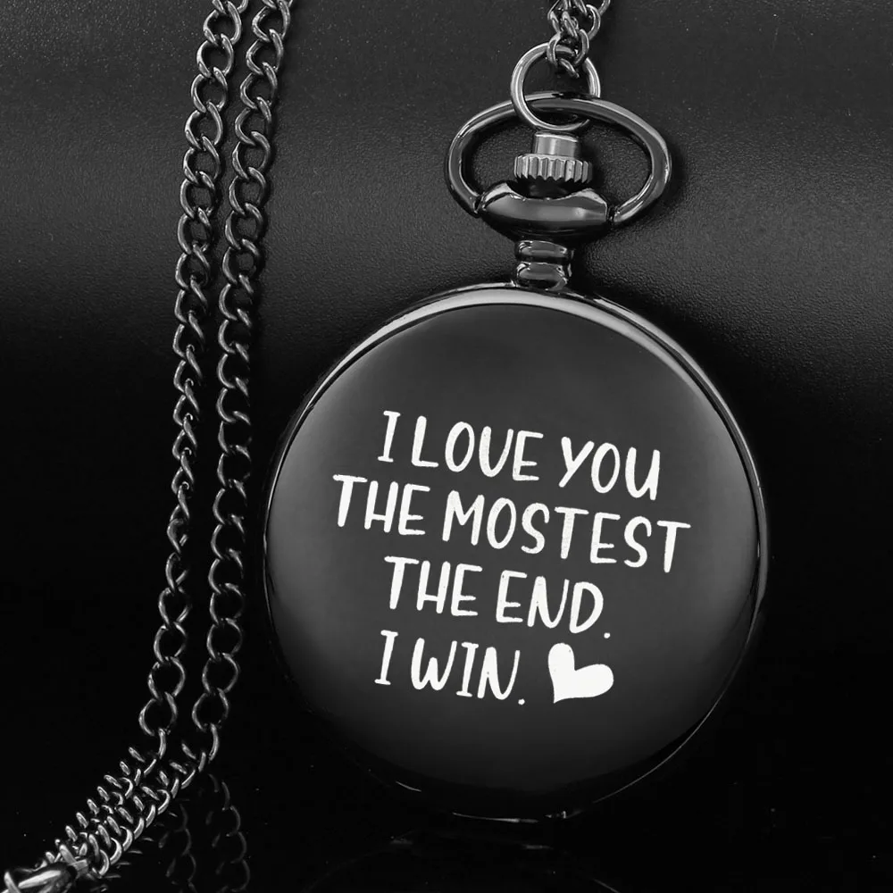 

I LOVE YOU THE END I WIN.-Carving english alphabet face pocket watch a belt chain Black quartz watch birthday gifts for lovers