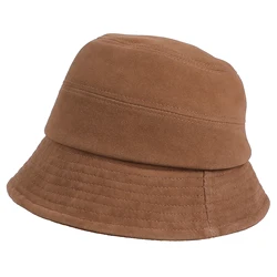 Women's Genuine Suede Leather Bucket Hat Sun Retro Cap Fashionable Fishing Hats