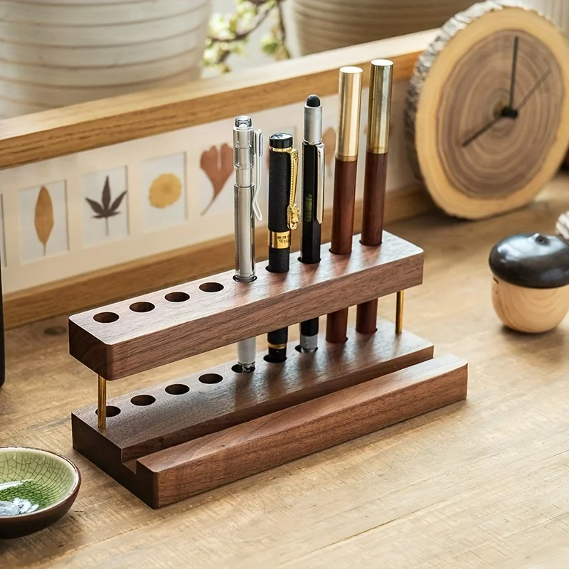 1pcs Multifunction Walnut Pens Holder Soild Wood Desktop Storage Organizer Phone Stand Creative Office School Accessories