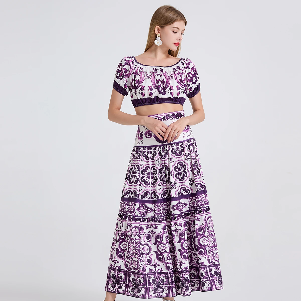 

Sexy Floral Printted Two Piece Set Women's Purple Porcelain Off Shoulder Crop Tops Long Maxi Skirts Outfits Summer Holiday Suits