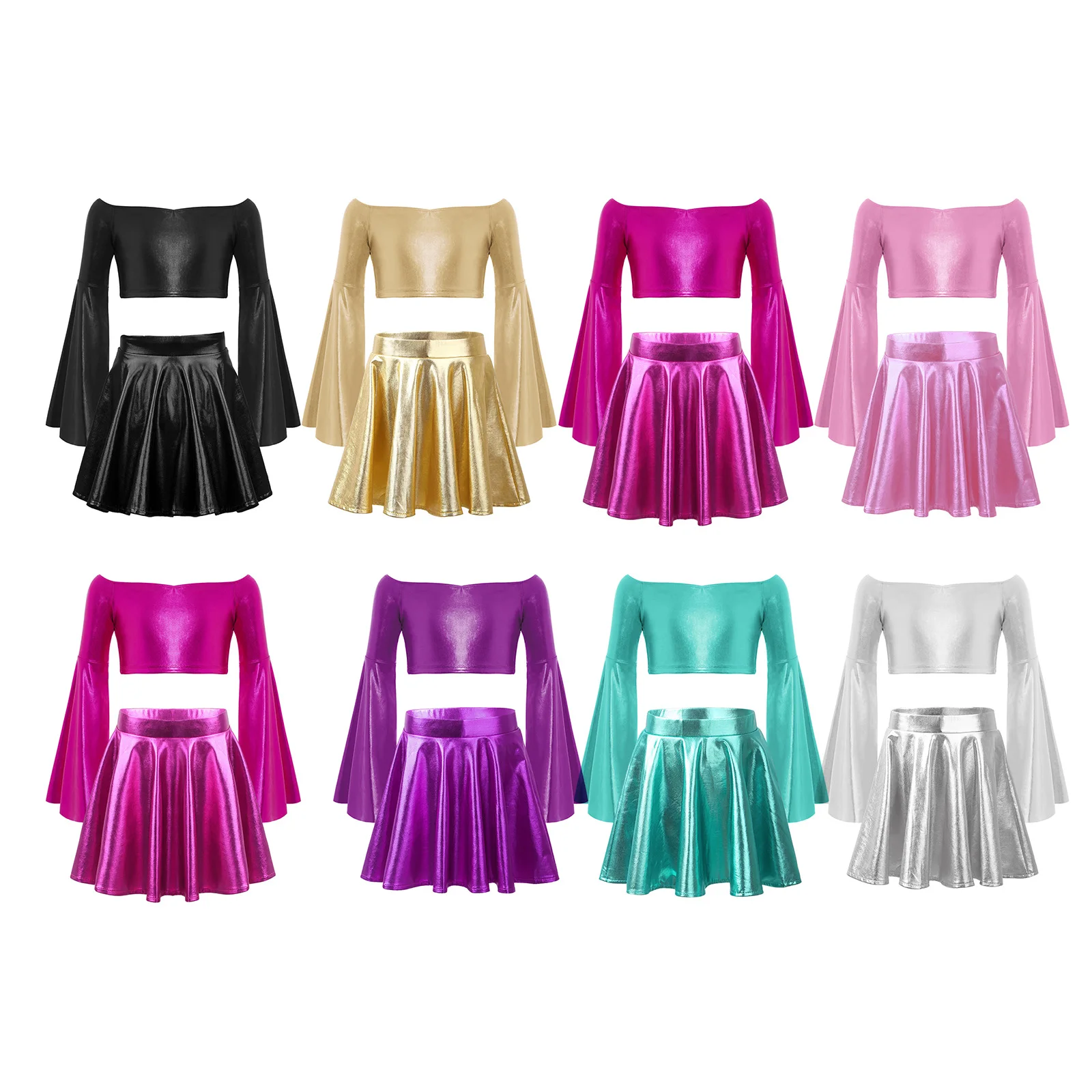 키즈 걸스 메탈릭 러플 재즈 세트 긴 플레어 슬리브 오프 숄더 크롭 탑과 생일 파티 공연을 위한 반짝이는 스커트