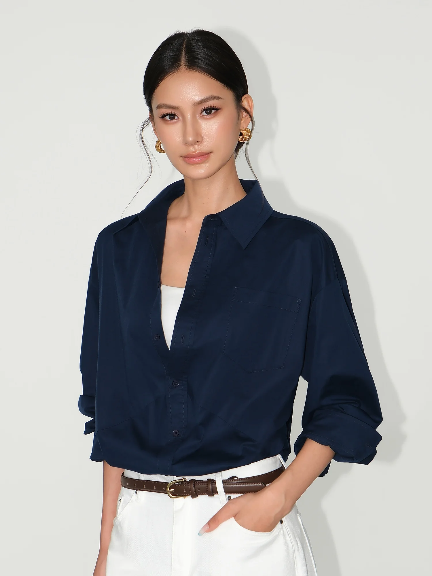 

NEVA HU Casual Blue Long Sve irt Women's Lazy Sle Loose Outerwear Top Bamboo Charcoal Fiber Polyester Spandex Blend